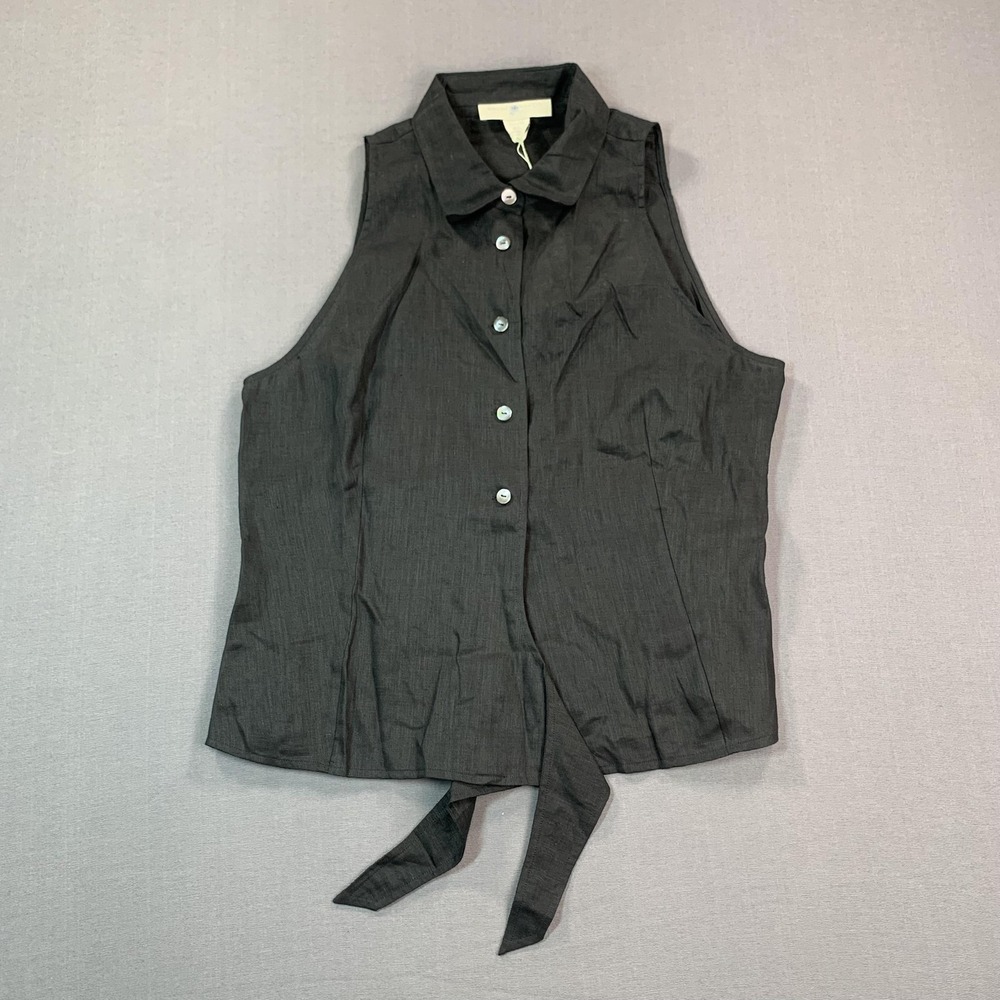 NEW Blunauta Shirt Womens 48 Black & Navy Linen Sleeveless Button Front Tie Hem - Picture 13 of 15